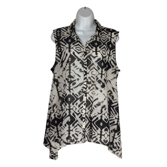 Amanda Green Black White Geometric Tie Dye Button Up Sleeveless Top Large - Picture 2 of 10